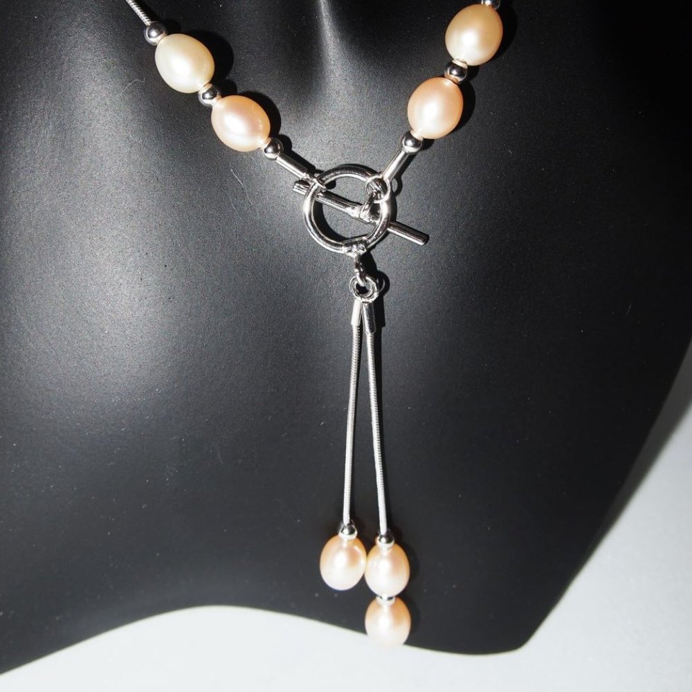 Genuine Peach Color Fresh-Water Pearl - Toggle and Dangle Necklace 16 Inches - Picture 4 of 4